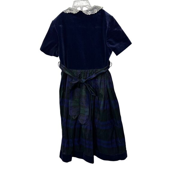 Vintage 90s Laura Ashley Mother Child Girls 9 Tartan Dress Blue Plaid Velvet - Picture 2 of 10